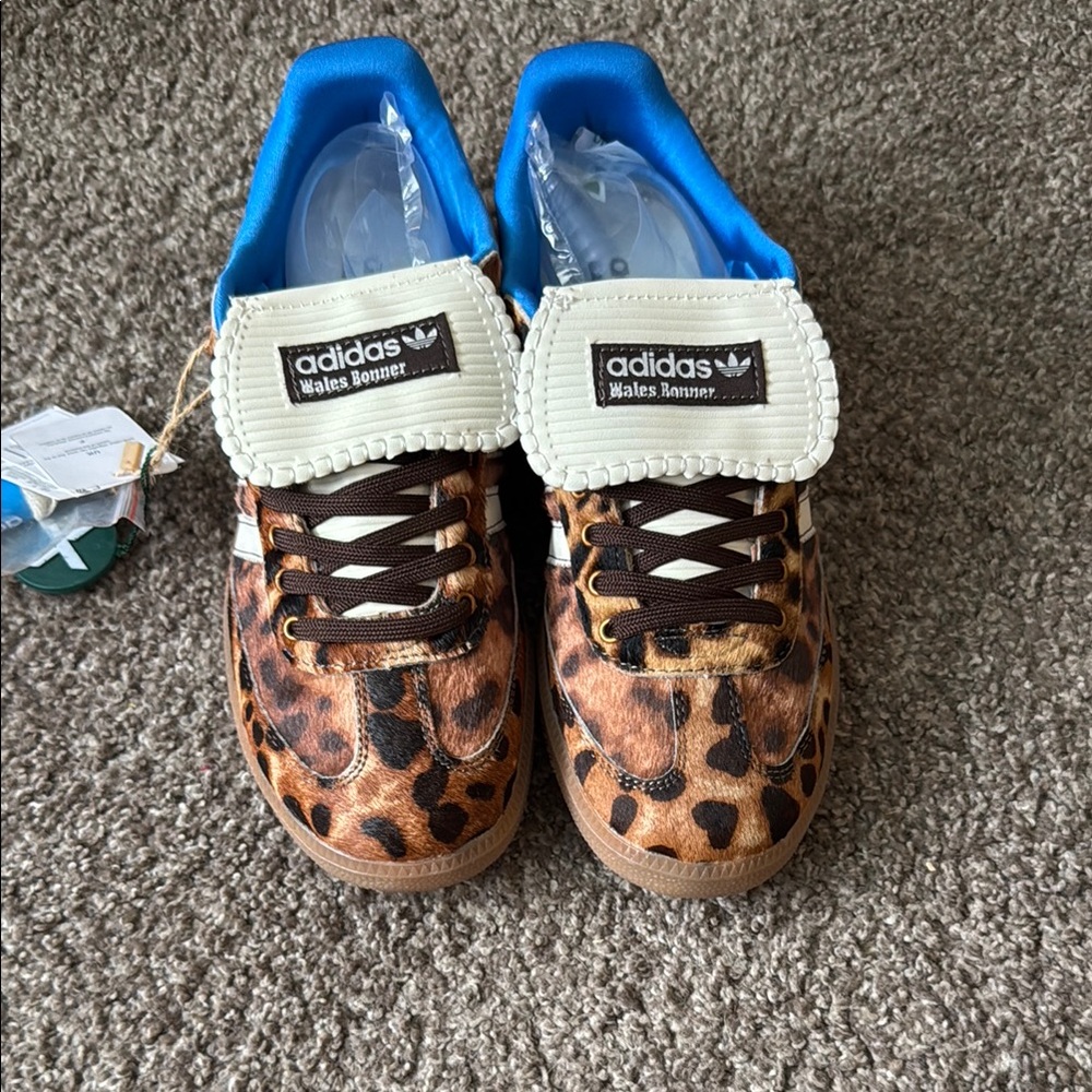 Adidas Brown and Blue Sneakers with Leopard Print